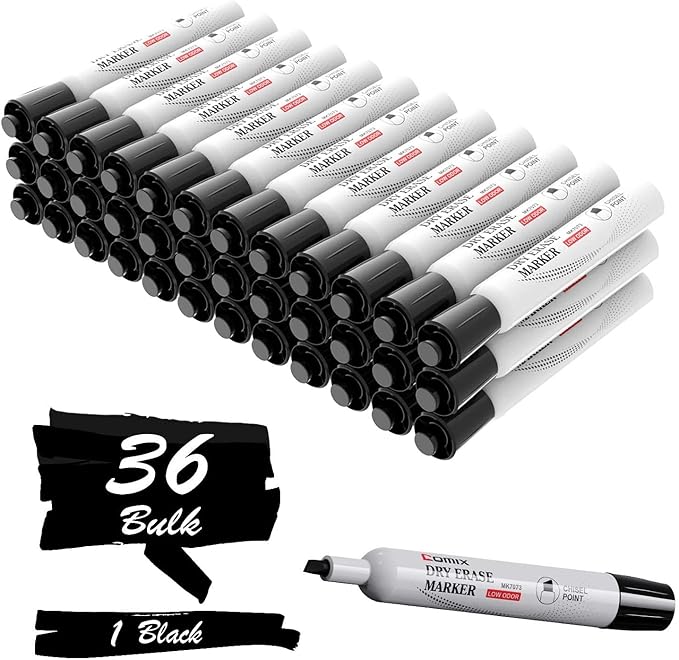 Comix Black Dry Erase Markers, Chisel Tip Whiteboard Markers, 36 Bulk Black by Comix