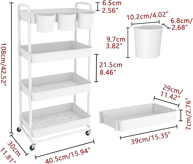 JIUYOTREE 4-Tier Plastic Rolling Storage Cart Utility Cart - Image 2