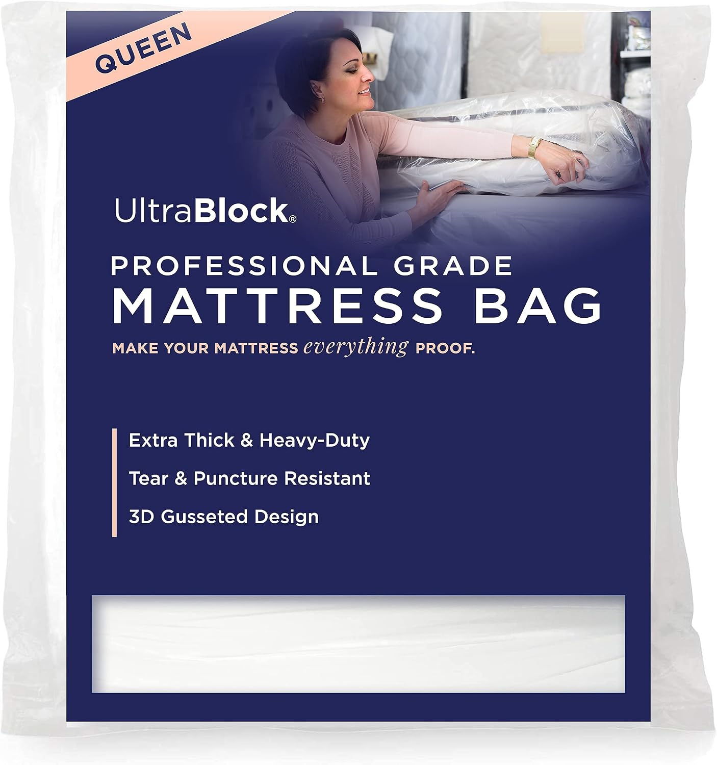 Ultrablock Mattress Bags for Moving or Storage – 6 Mil Plastic Cover, Tear and Puncture Resistant, Non-Slip Grip, Extra Thick Queen Size Bag