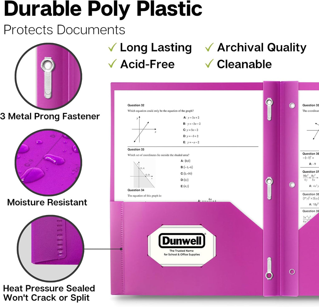 Dunwell Plastic 2-Pocket Folders with 3 Prongs, Assorted, 6 Pack | Tear-Resistant Acid-Free Poly, 3-Clasp Folders with Fasteners, Includes Labels