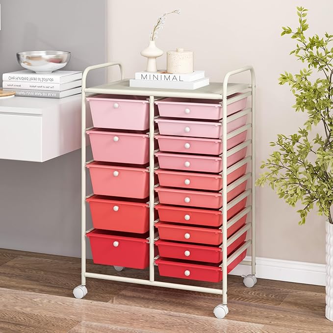 COSTWAY 15 Drawers Storage Cart, Mobile Tools Scrapbook Paper Organizer Cart - Image 2