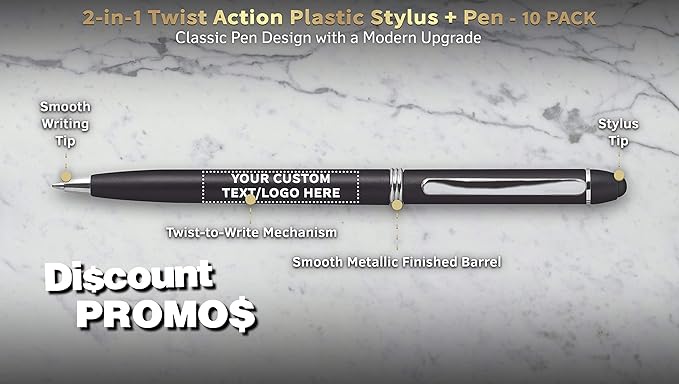 DISCOUNT PROMOS Custom Twist Action Plastic Stylus Pens, Personalized Bulk Pack - Image 3