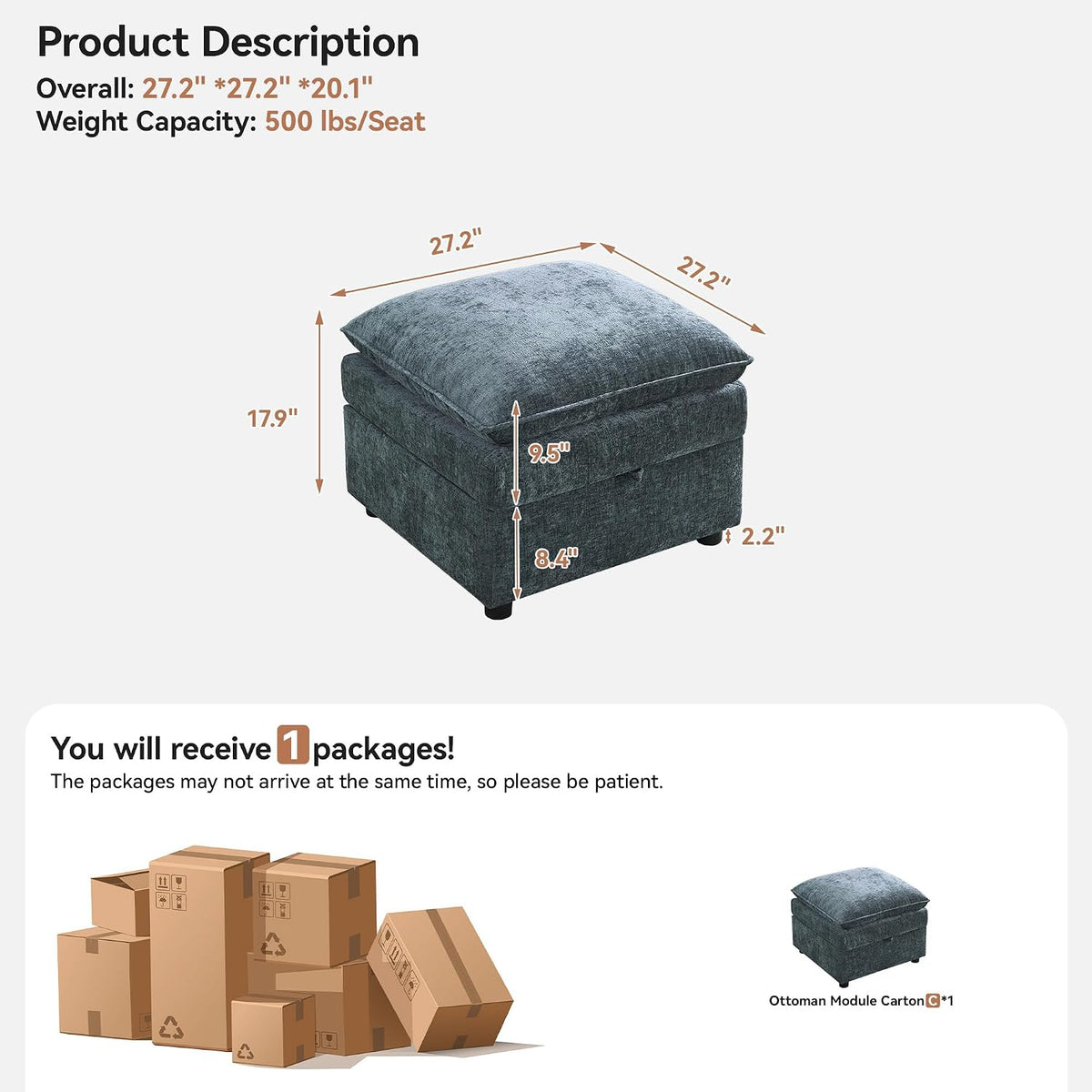27" Large Square Ottoman with Storage, Modern Upholstered Footrest with ...