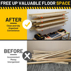 yyr wood organizer and lumber storage rack wall showing dimensions