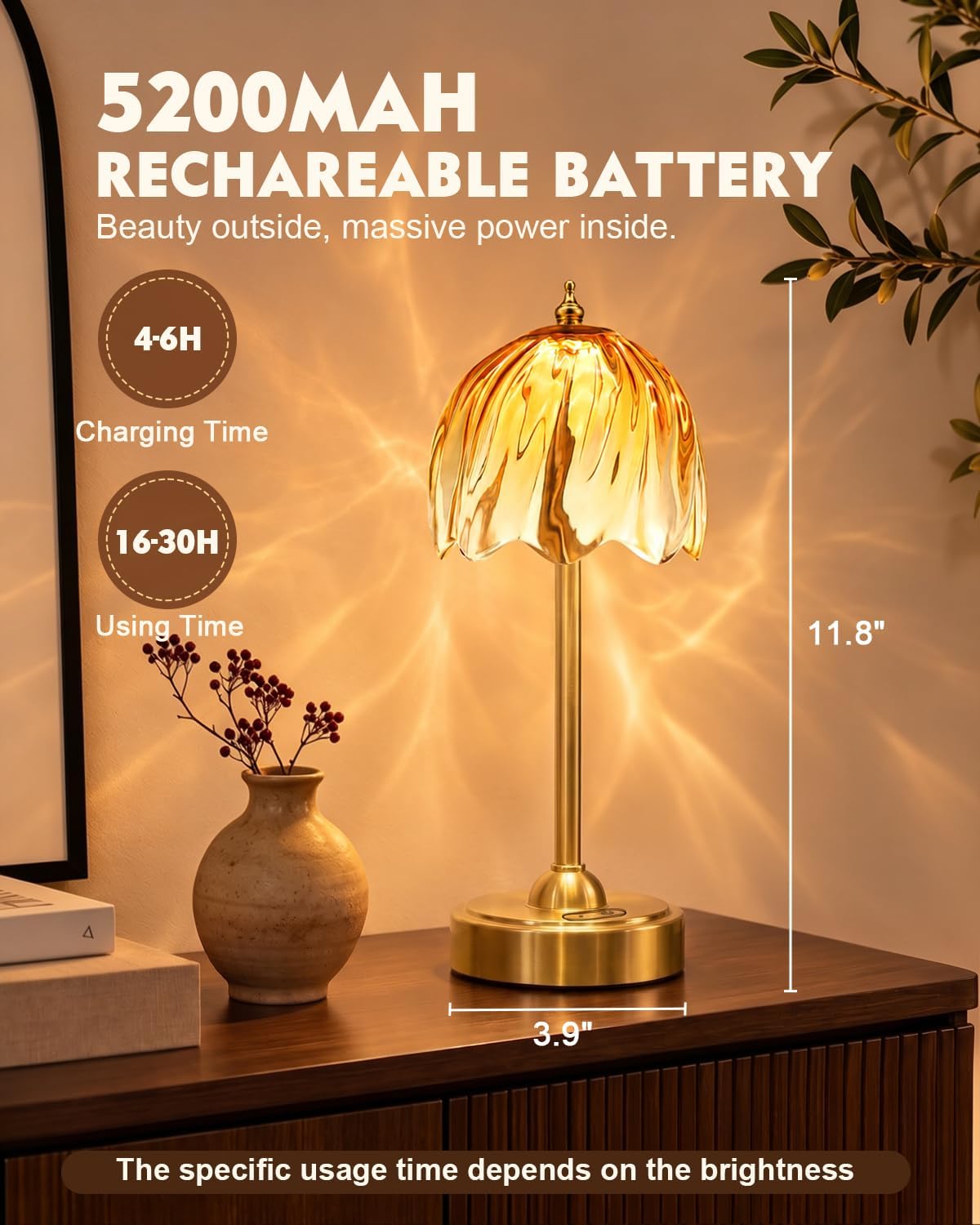 Nusogon Cordless Flower Table Lamp, 5200mAh Small Rechargeable Touch Lamp
