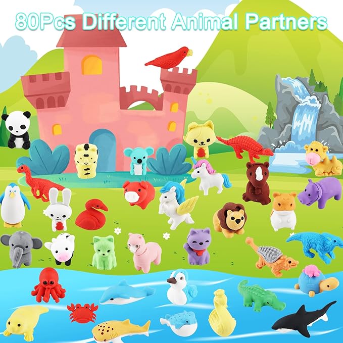 URSKYTOUS 80Pcs Animal Erasers Kids Desk Pets Pencil Erasers 3D Puzzle Eraser - Image 3