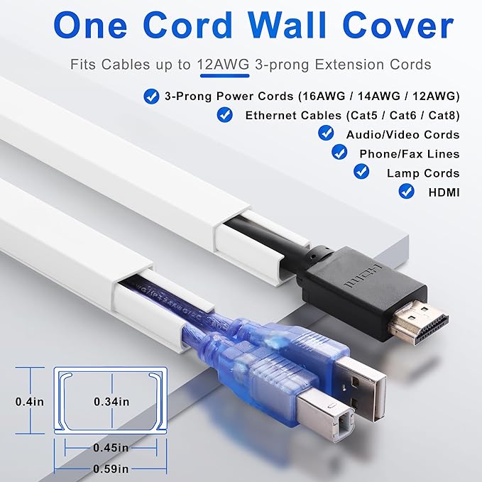 Cord Hider Wall for One Cord, 136in Cord Covers for Wires on Wall, Easy Install - Image 2