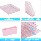 5-tier desk file organizer with drawer & pen, close-up detail