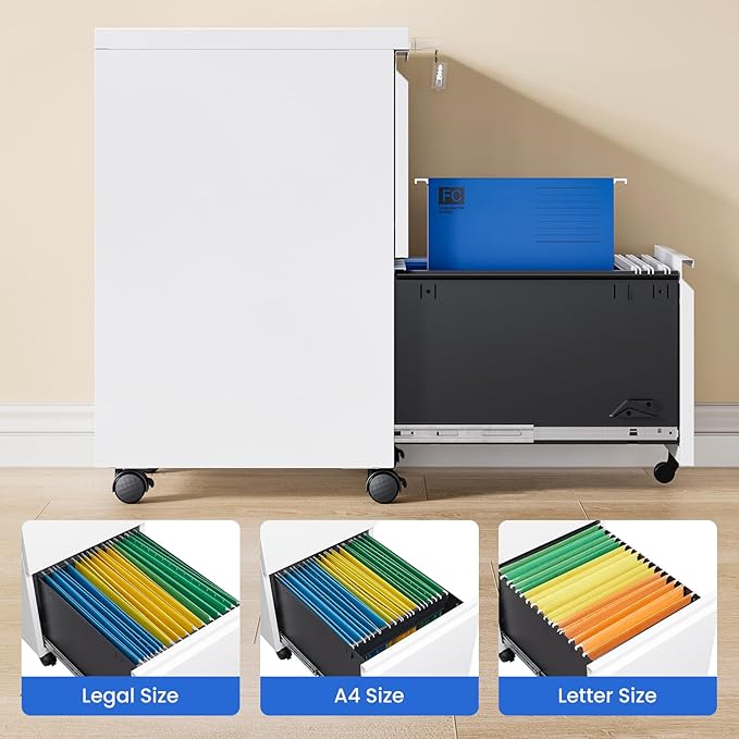 MIIIKO 2 Drawer File Cabinet on Wheels, Home Office Mobile File Drawers Under - Image 4