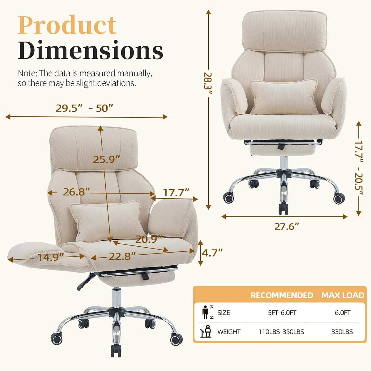 Criss Cross Office Chair with Footrest - 5-Gear Flat Armrests Corduroy Desk C...