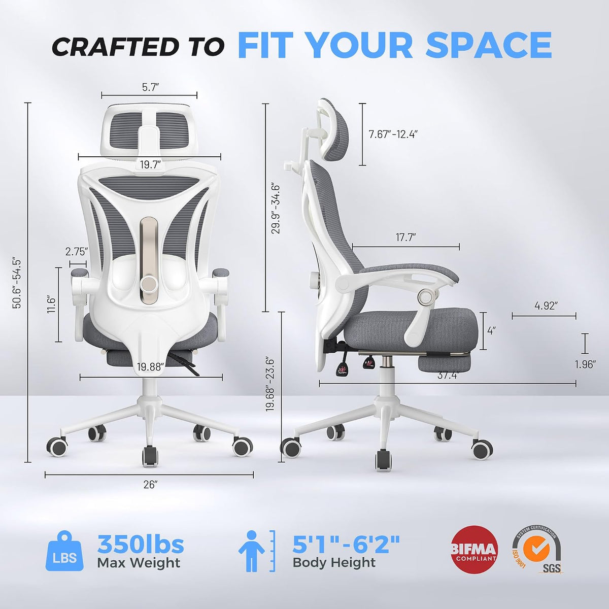 CYKOV Ergonomic Office Chair with Footrest, Reclining Mesh Back, 350 Lbs