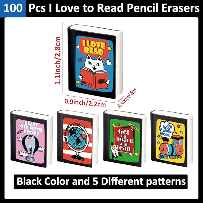 party greeting 100Pcs I Love to Read Pencil Erasers Fun Erasers Bulk - Image 2