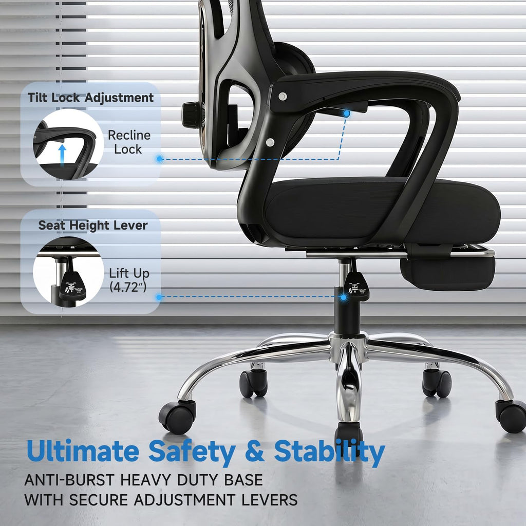 Ergonomic Office Chair with Footrest, 90-145° Reclining Desk Chair with Adjustable Lumbar Support & Headrest, High Back Mesh Computer Chair for Home Office/Gaming, 350lbs Capacity