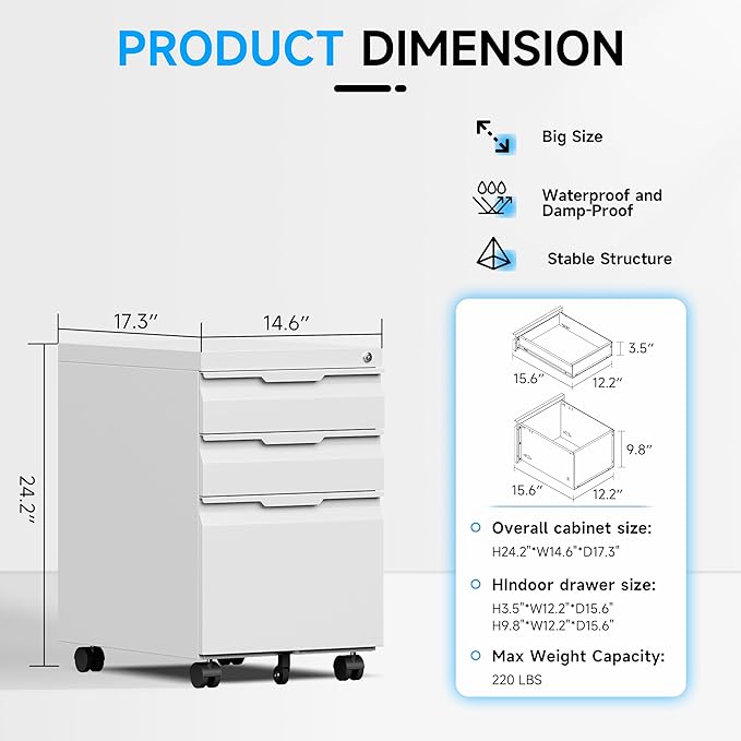 Bestoo 3-Drawer Mobile File Cabinet - Image 3