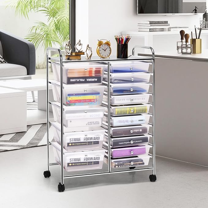 COSTWAY 15 Drawer Rolling Storage Cart, Utility Tools Paper Organizer on Wheels - Image 2