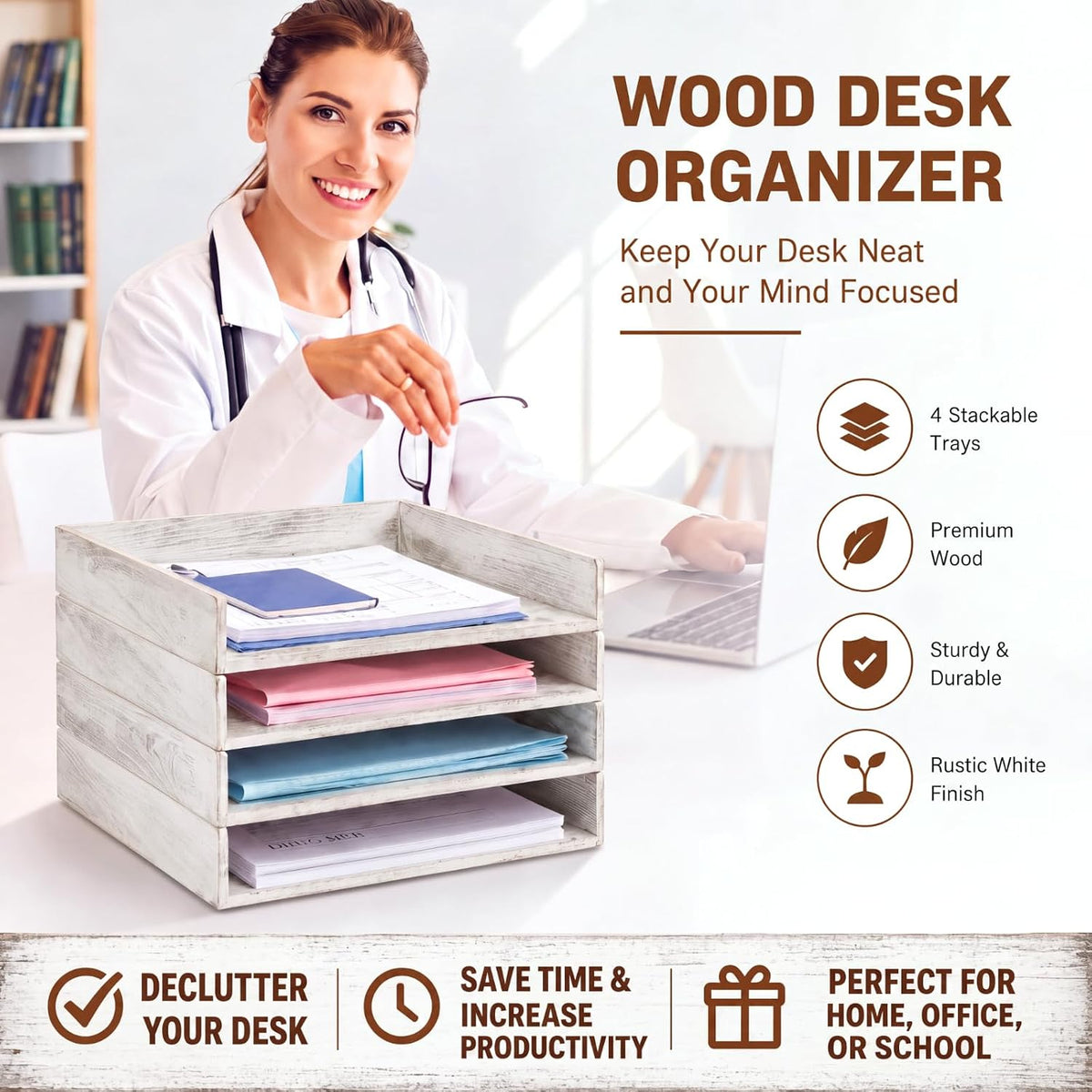 Yeaqee 4 Pcs Stackable Organizer Tray Wood Desk Organizer, Vintage White