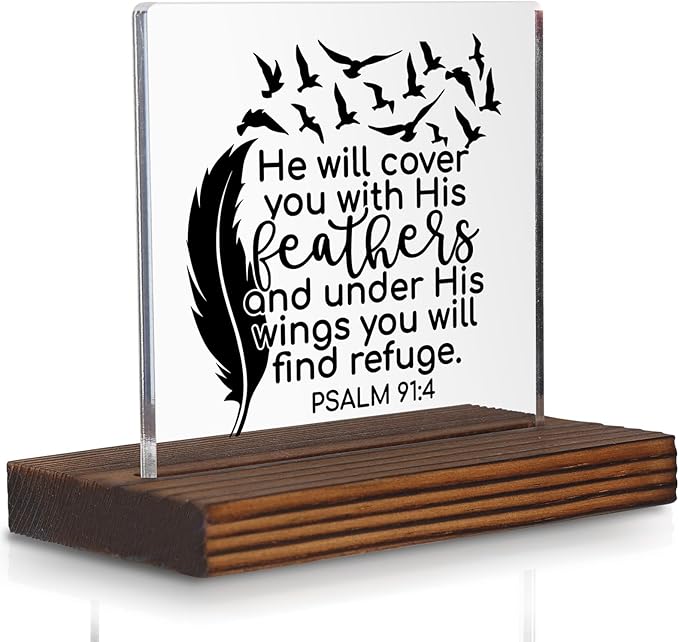 Christian Bible Verse Desk Sign, Psalm 91:4 Feather Wings Inspirational by Pariveca