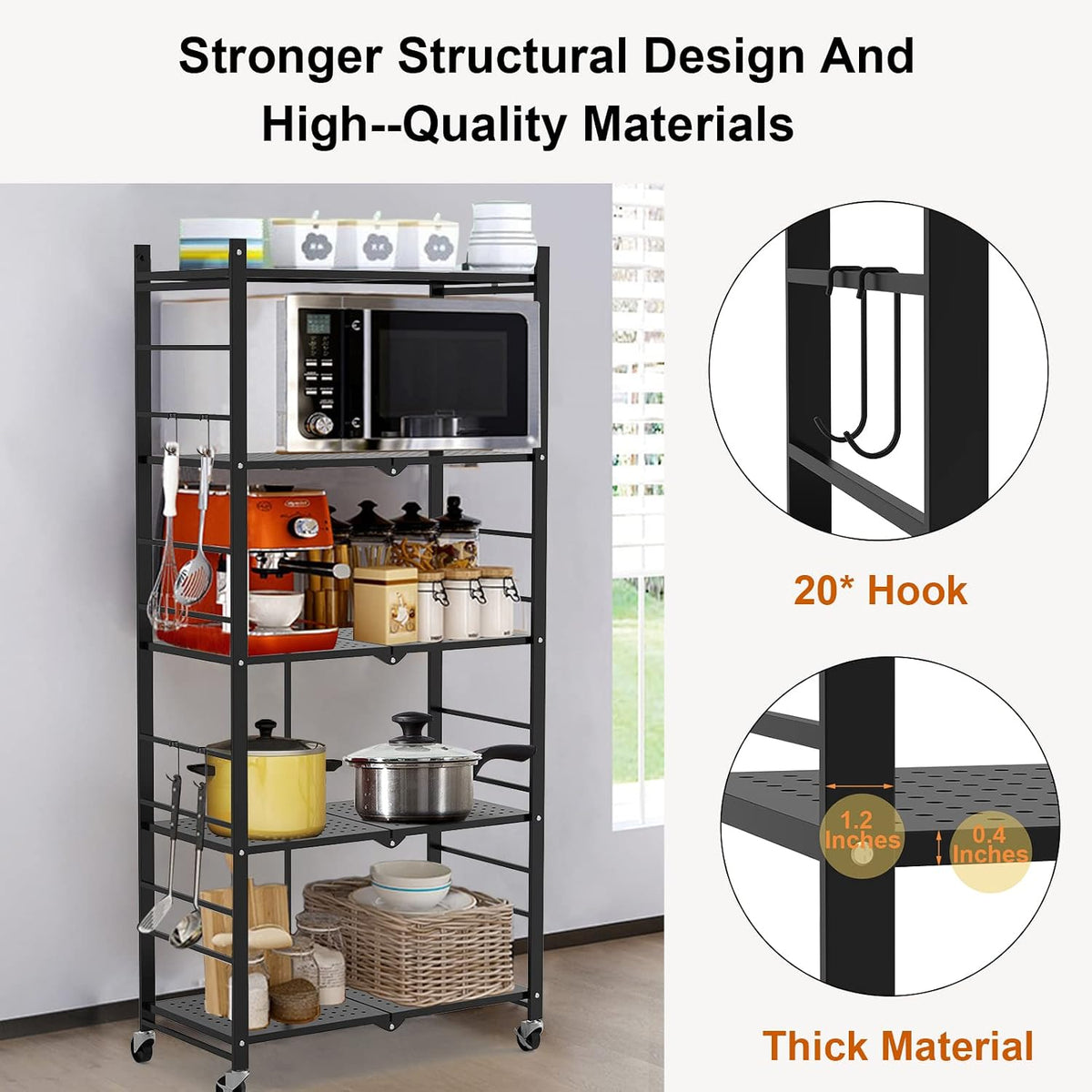 himix 5-tier foldable storage shelves with 20 hooks showing dimensions