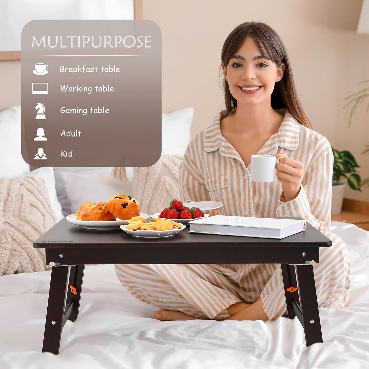 Nnewvante Foldable Laptop Desk, 25.6 Inch Bed Tray Table, Black Walnut