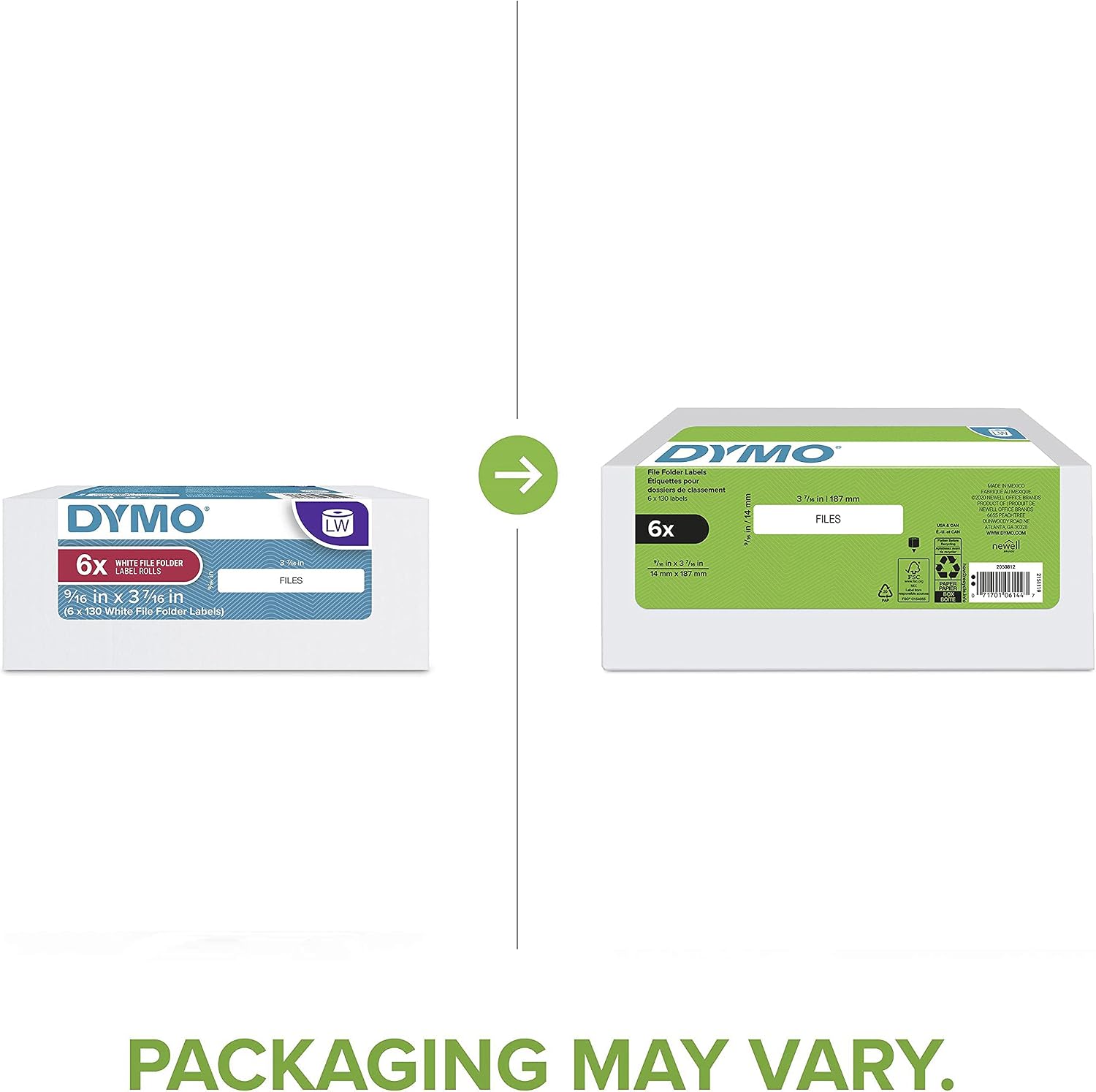 DYMO Authentic LW 1-Up File Folder Labels for LabelWriter Label Printers, White, 9/16" x 3-7/16", 6 Rolls of 130 (780 Total)