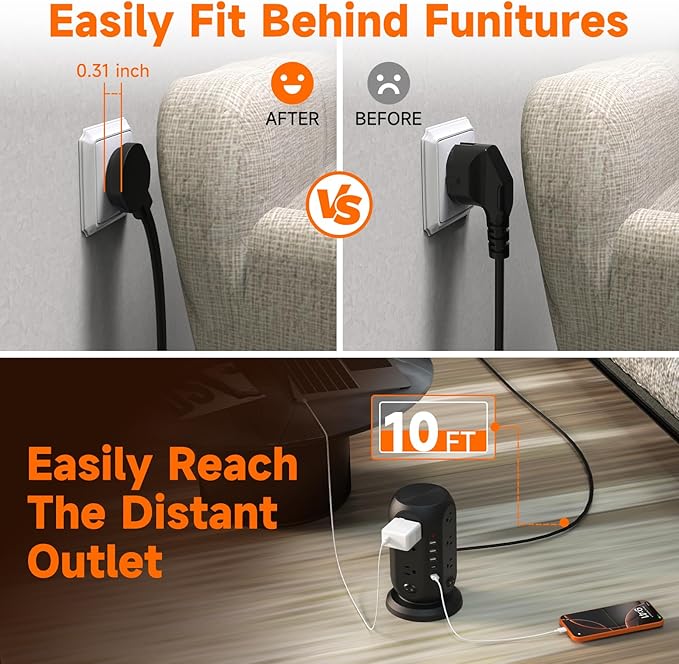 Tower Power Strip with 12 Outlets and 5 USB Ports, Flat Extension Cord 10 Ft - Image 5
