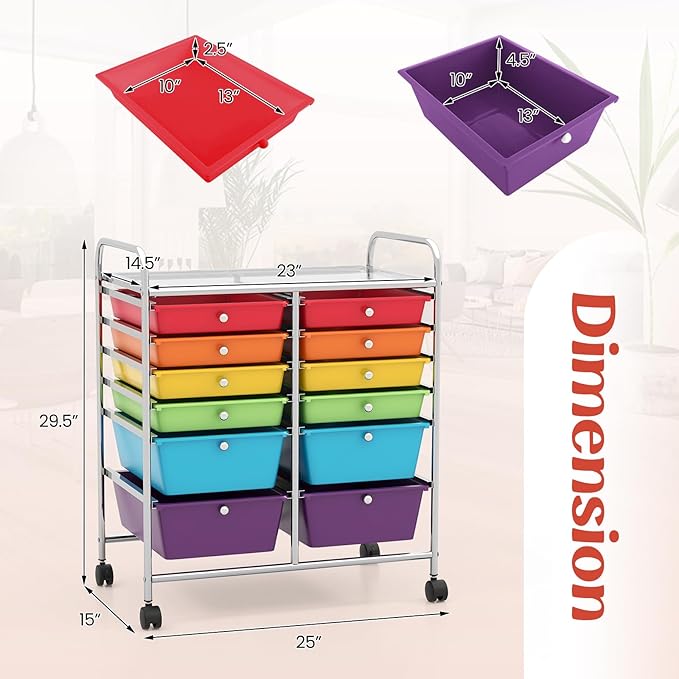LDAILY 12 Drawer Rolling Storage Cart, Craft Cart Organizer on Wheels w/Metal - Image 3