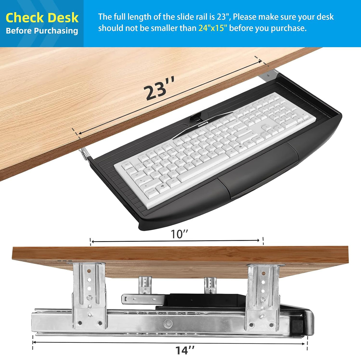 22"Wx11"D Under Desk Keyboard Tray Slide Out, Pull Out Keyboard Tra...