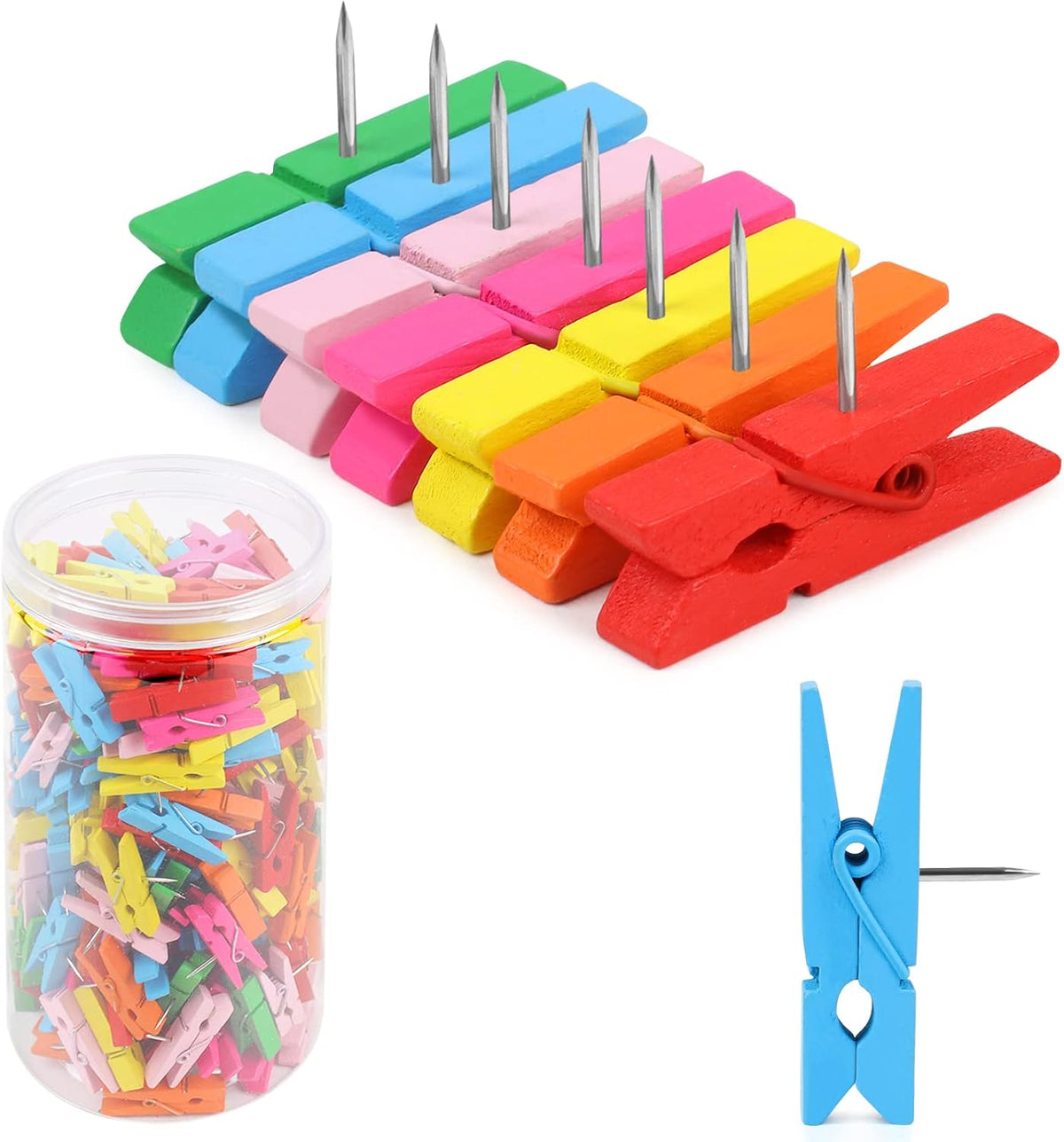 260 PCS Colorful Push Pin with Wooden Clips, Durable Wooden Push Pins, Decora...