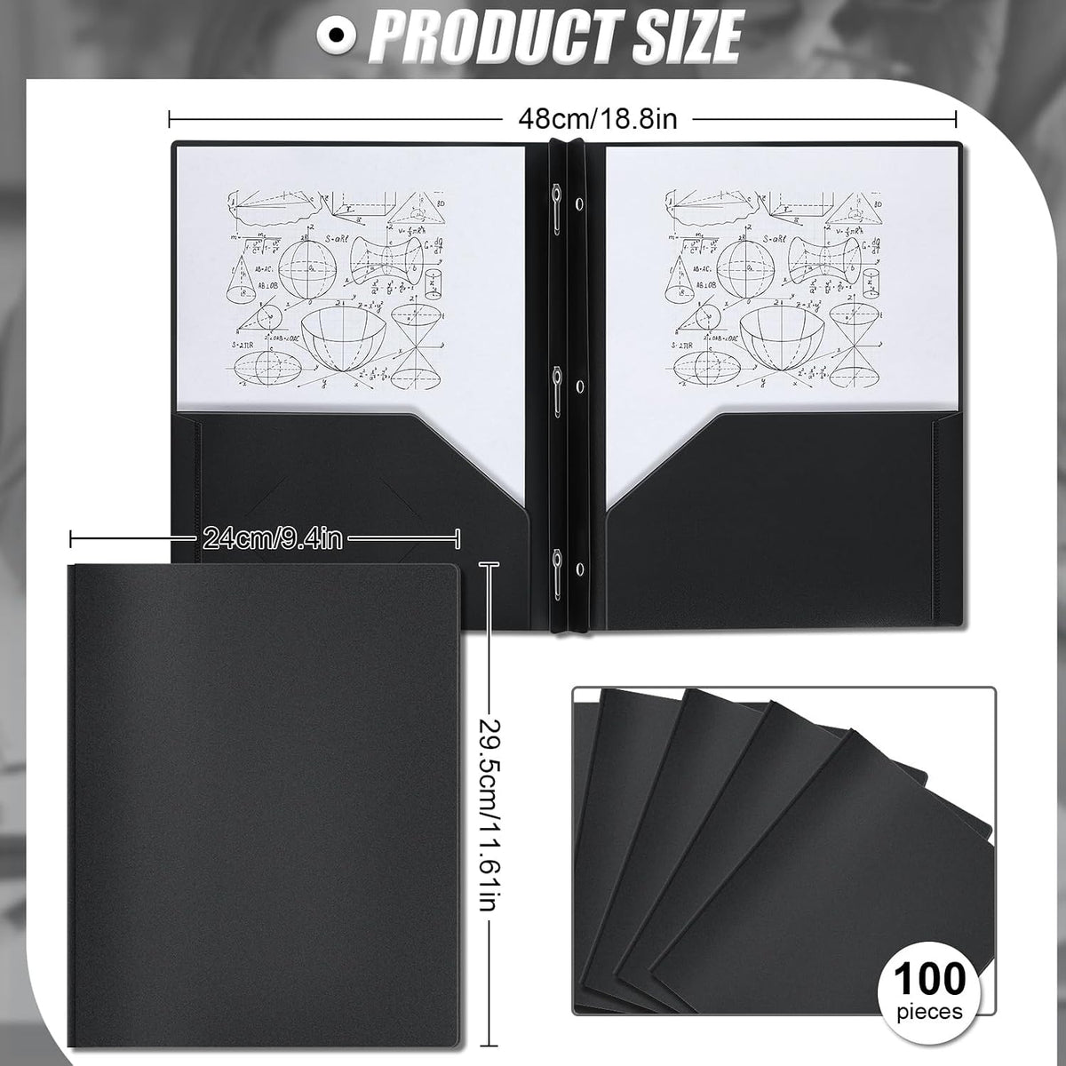 Lincia 100 Pcs Plastic Folders with 3 Prong Fasteners, Black