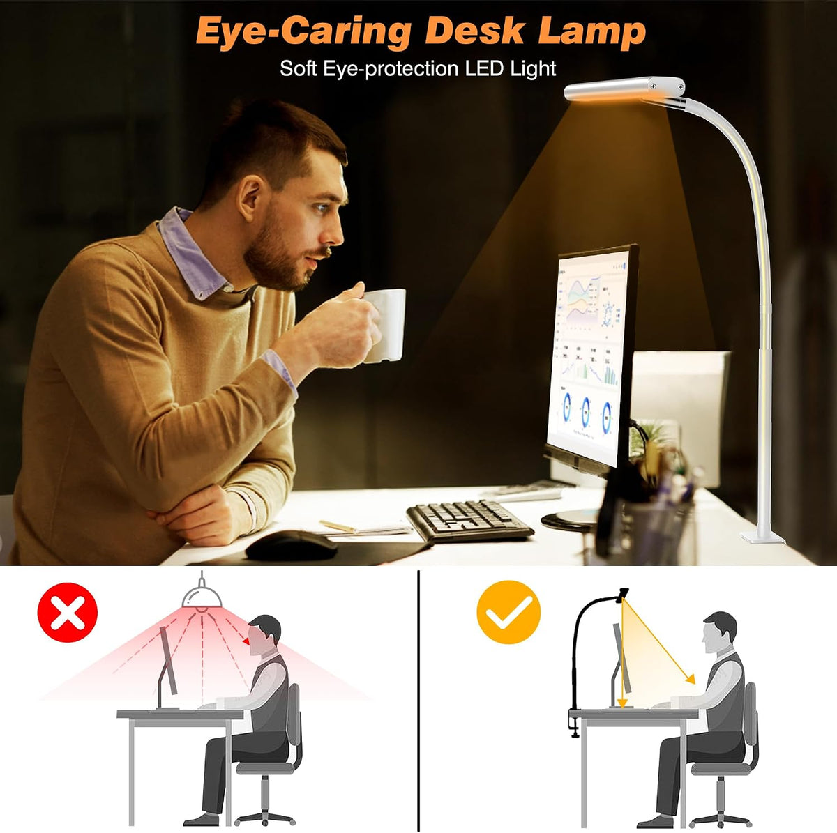 Airlonv LED Desk Lamp with Clamp, 17" Stepless Dimming Light, White