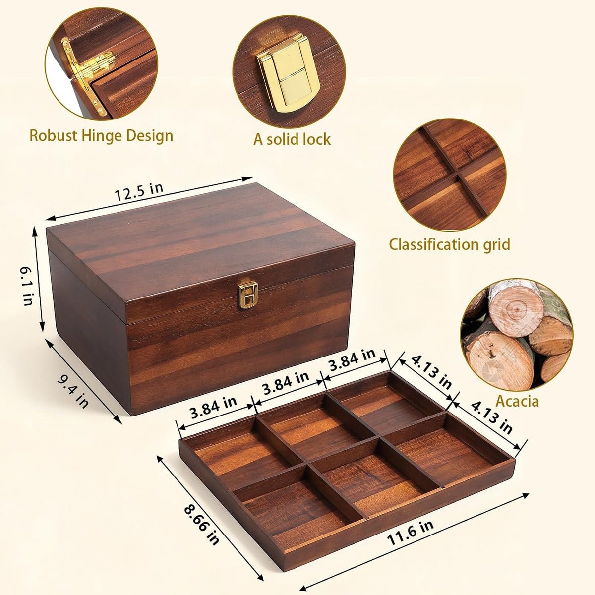 large wooden storage box with adjustable tray, 12.5 shown in use