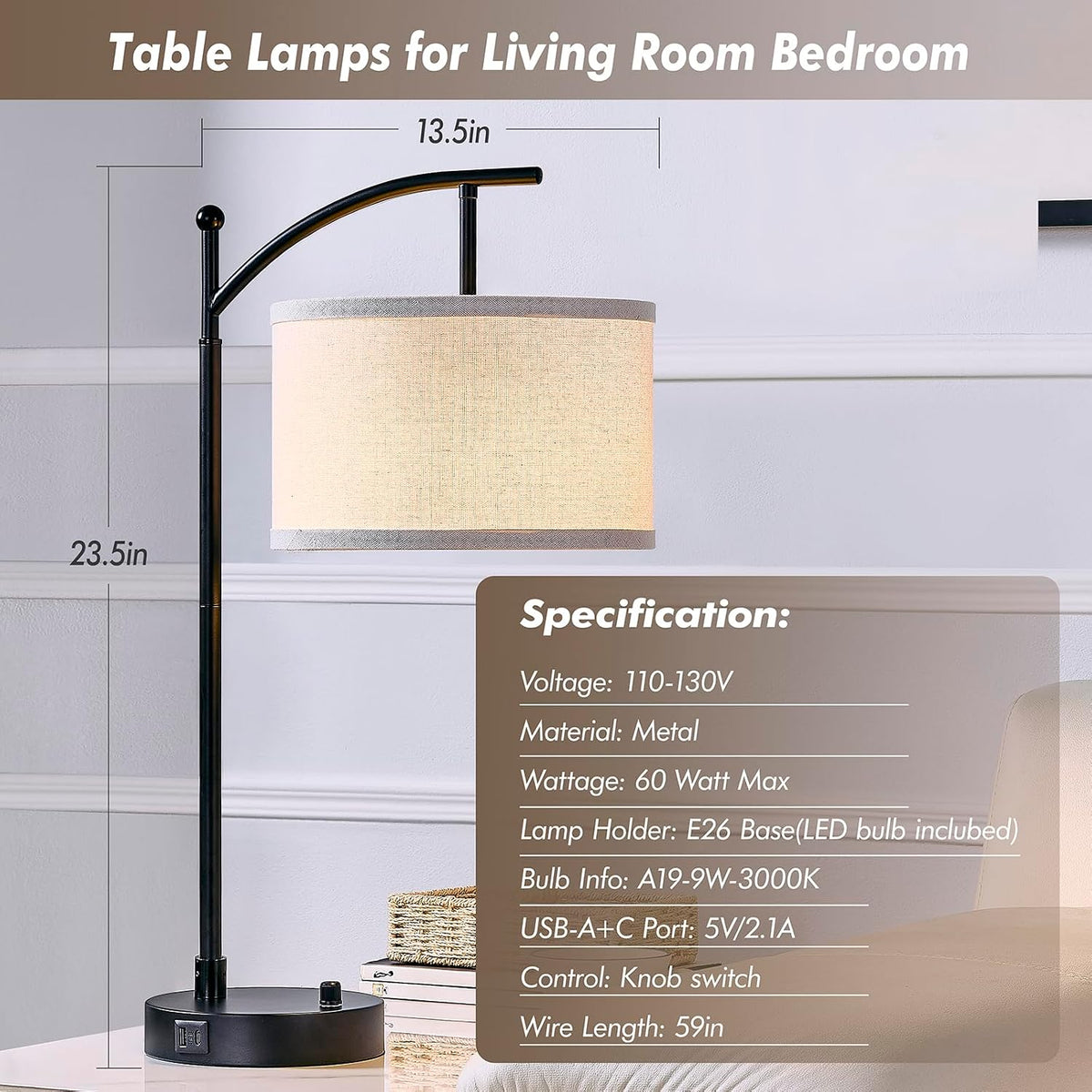 Table Lamp Set of 2, 23.5" Bedside Lamps with USB C+A Ports, Black