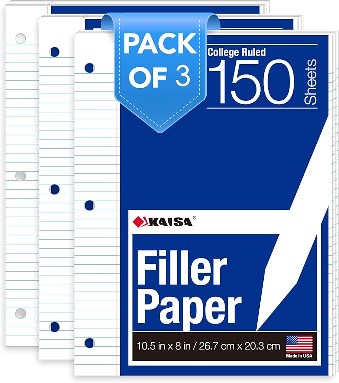 Kaisa3 Pack Notebook Paper College Ruled 3-Hole Punched Loose Leaf Paper 8x10.5 by KAISA