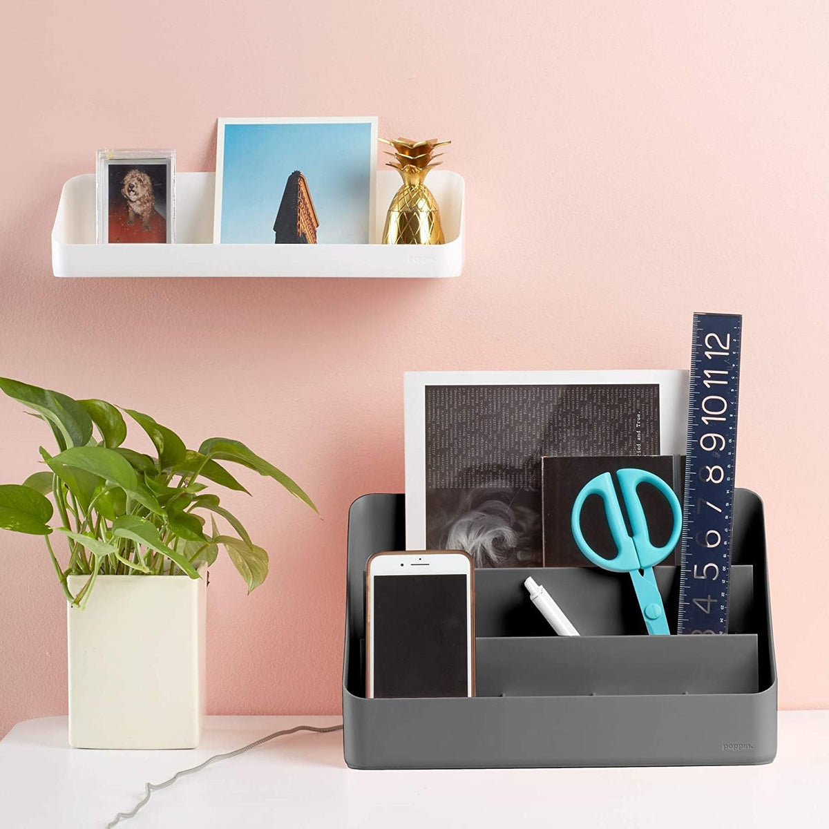 Poppin Desk Organizer with 3 Tiers, Sliding & Removable Dividers, Chargin...