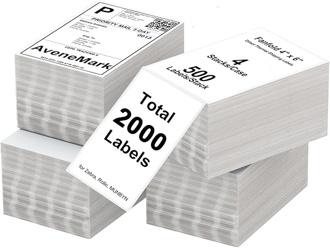AveneMark 4 Stacks 2000 Labels 4" x 6" Fanfold Direct Thermal Labels, Postage by AveneMark
