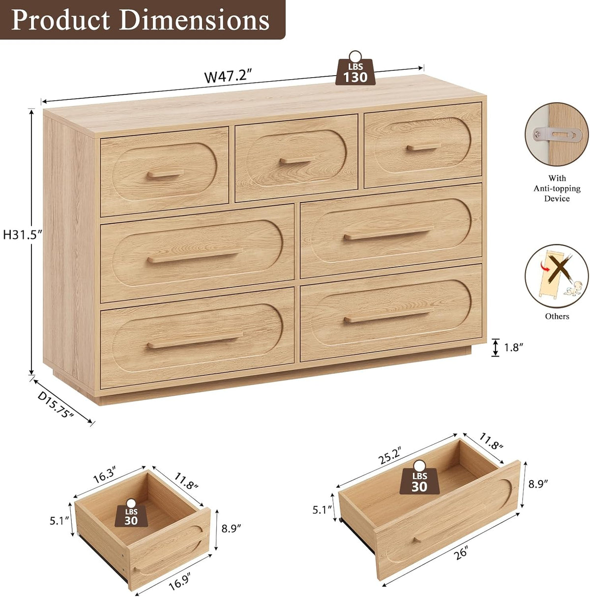 7 Drawer Dresser for Bedroom, Natural Oak
