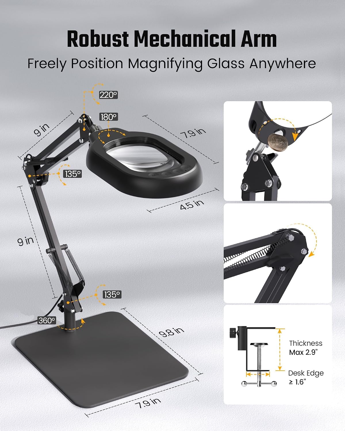 Square Magnifying Desk Lamp, Magnifying Glass with Light and Stand