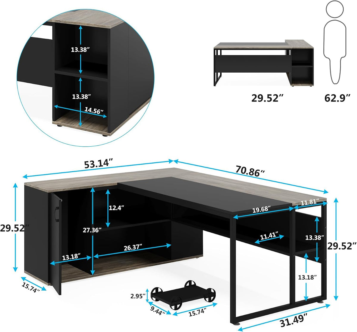 Tribesigns 71 inch Executive Desk, L Shaped Desk with Cabinet Storage