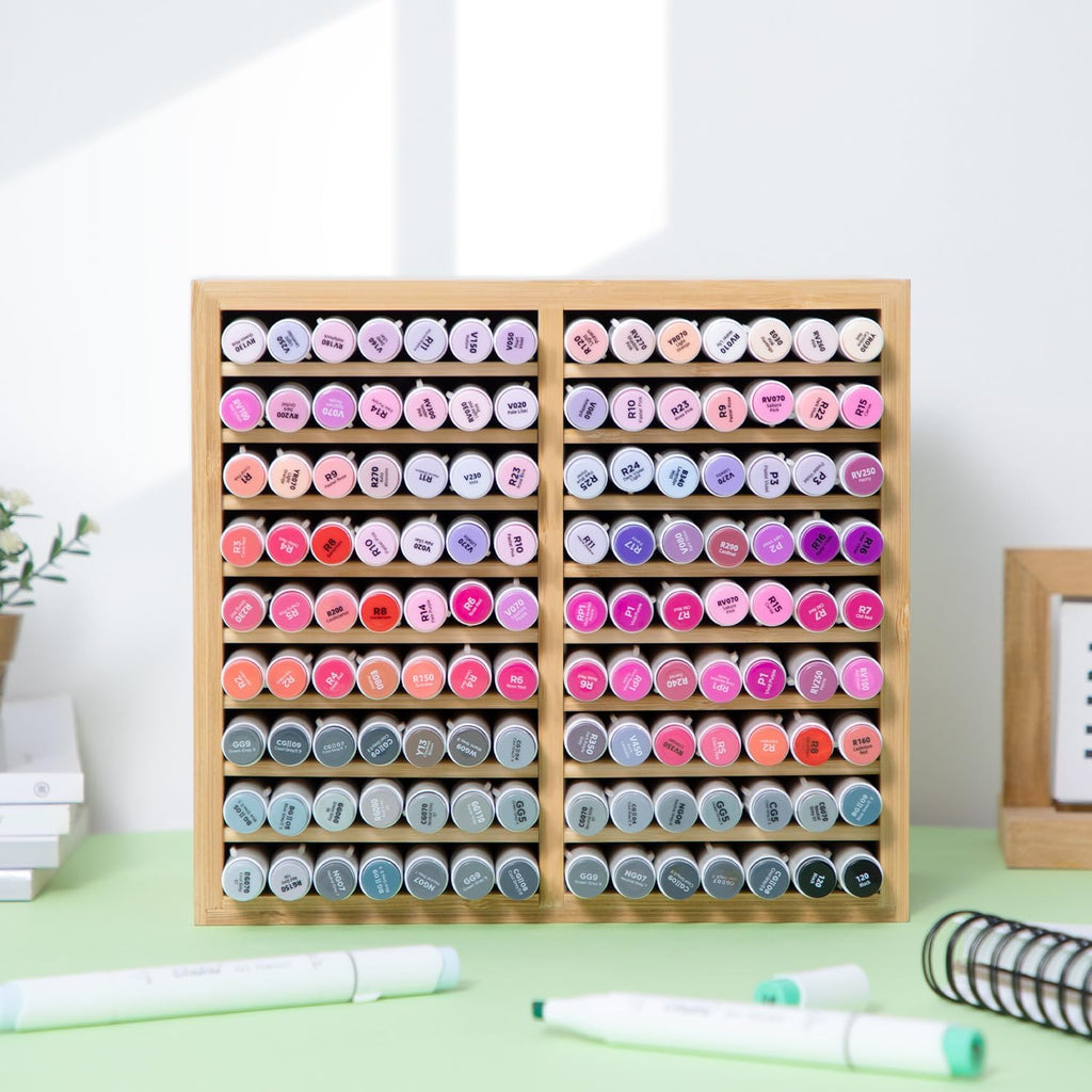 ohuhu bamboo marker organizer, wooden desktop storage holds, side view