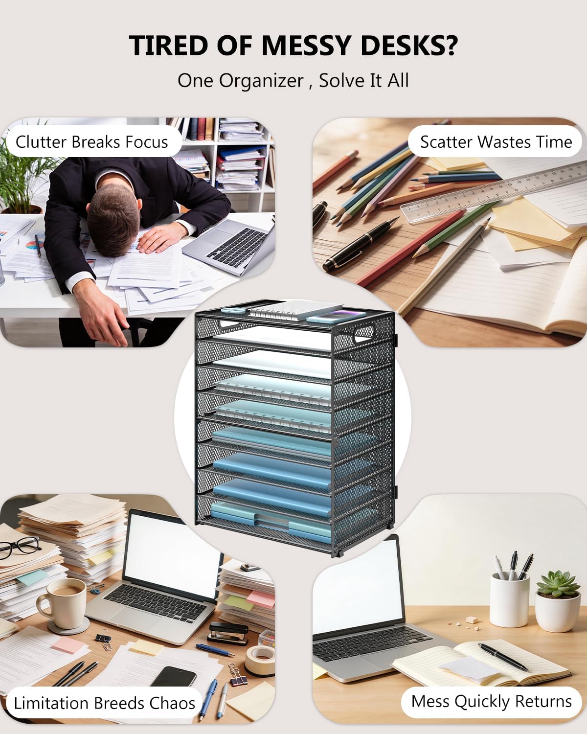 WALI Desk File Organizer, 9 Tier Desktop Paper Letter Tray Organizer with Han...