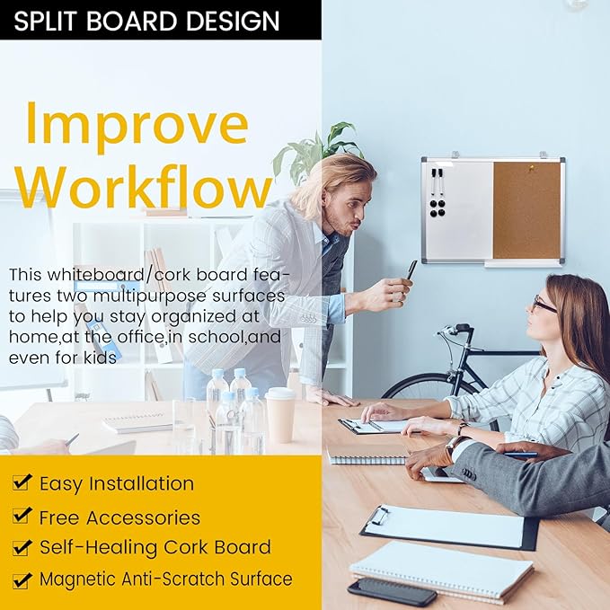 Combination Writeboard 24"x 18" Magnetic Whiteboard & Cork Board Aluminium - Image 5