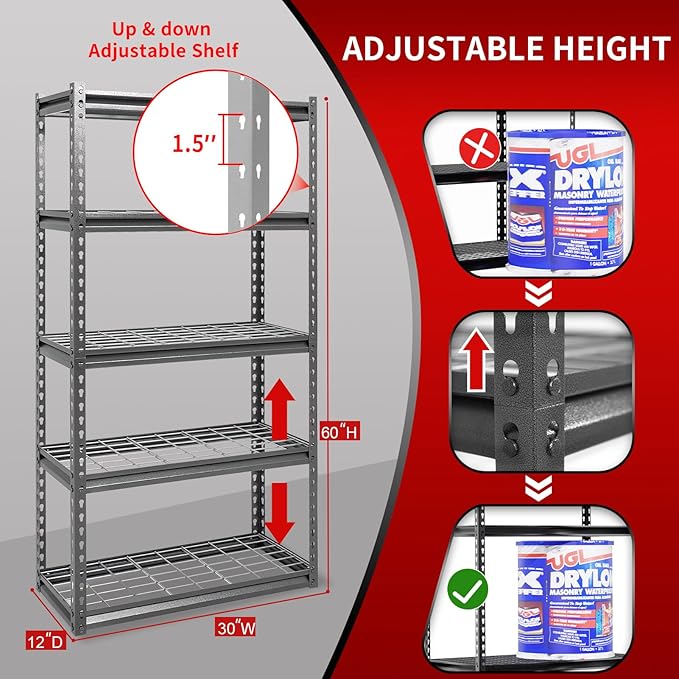 Shuntong The Atlas 30" W x 12" D x 60" H Adjustable Garage Storage Shelves Load - Image 3