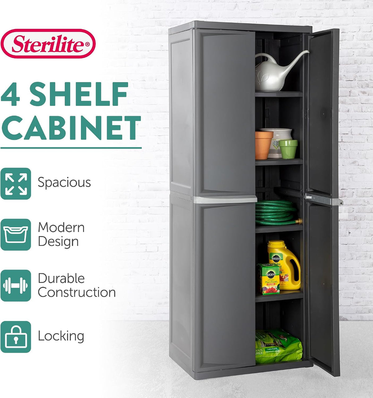 sterilite 4 shelf cabinet, lockable utility storage, gray, side view