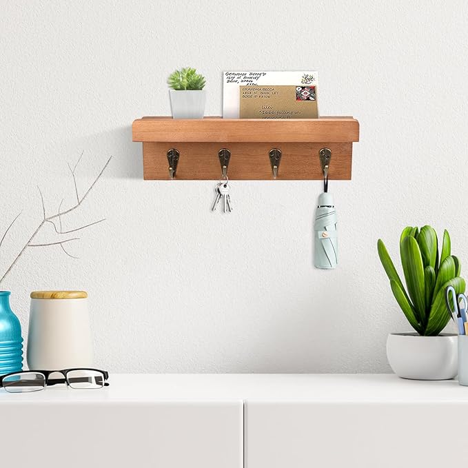 HRONRAD Rustic Key Holder for Wall, Farmhouse Wall Shelf - Image 2