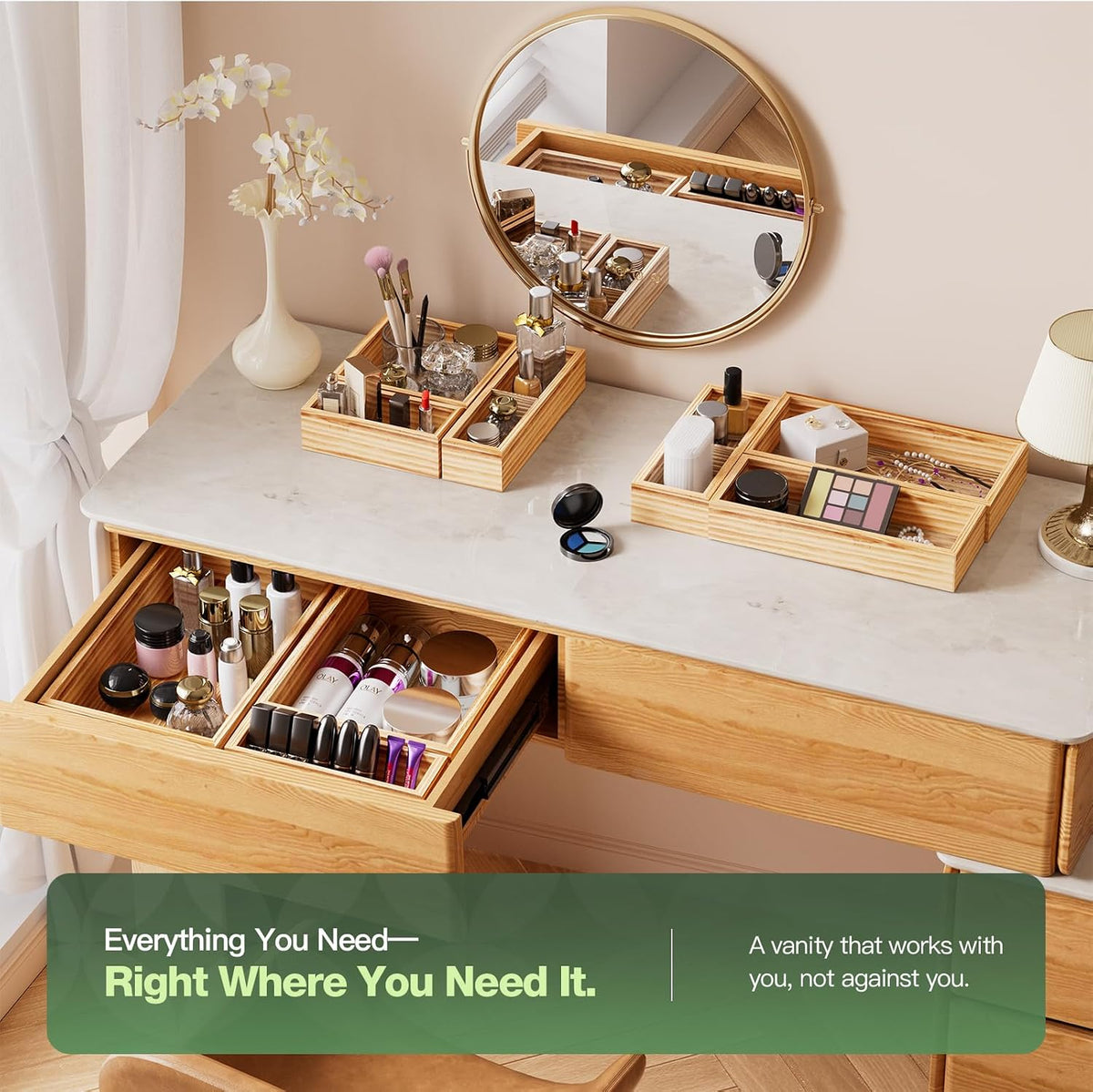 9-Pack Solid Wood Junk Drawer Organizer, Modular Desk Drawer Tray & Acces...