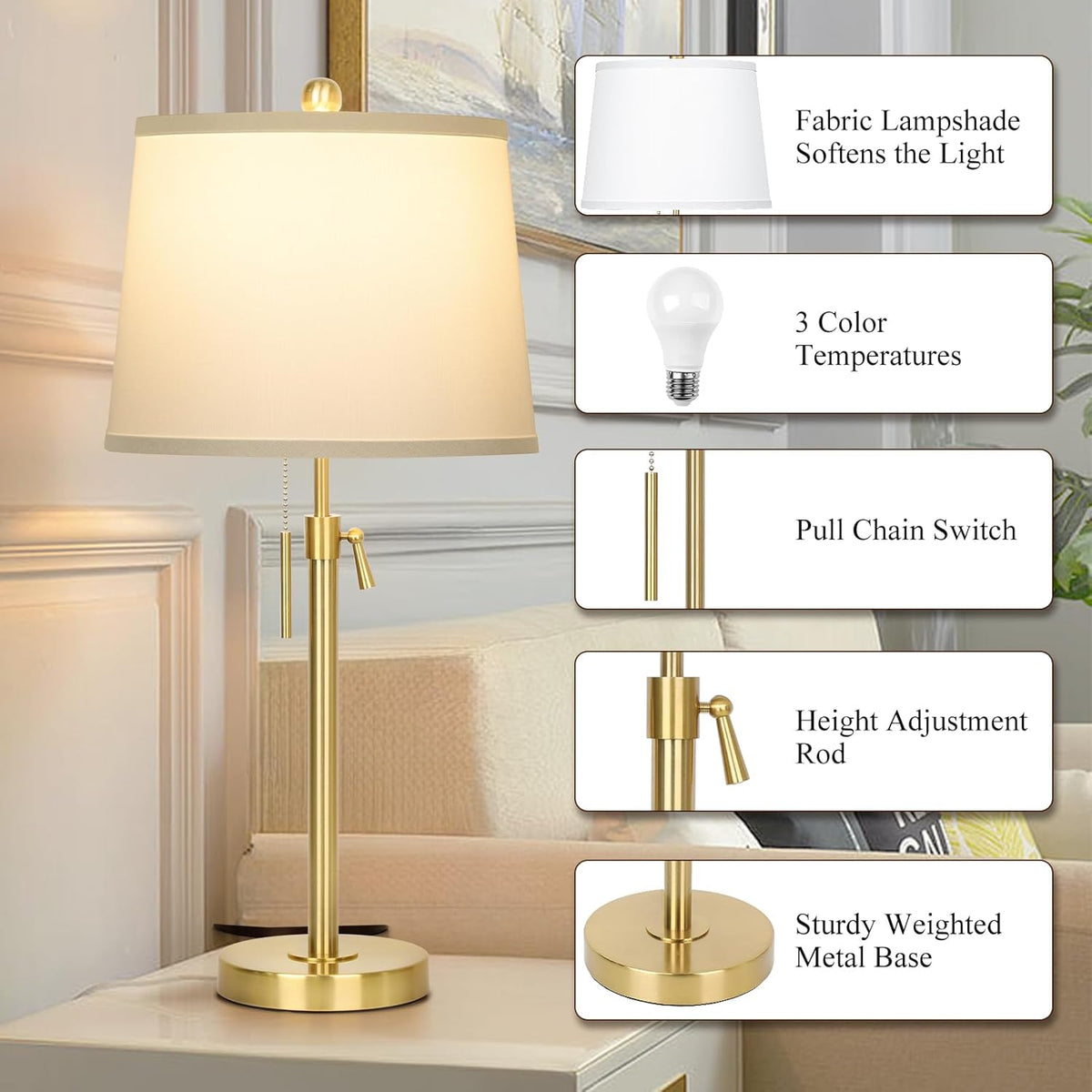JUNNAI 2 Pack 22"-30" Adjustable Height Table Lamps Set, Modern Gol...