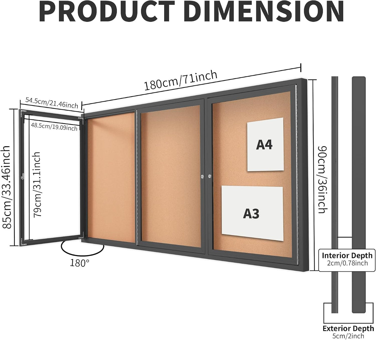 Lockable Enclosed Bulletin Board, 71 x 36 Inch 3-Door Cork Board Display Case...