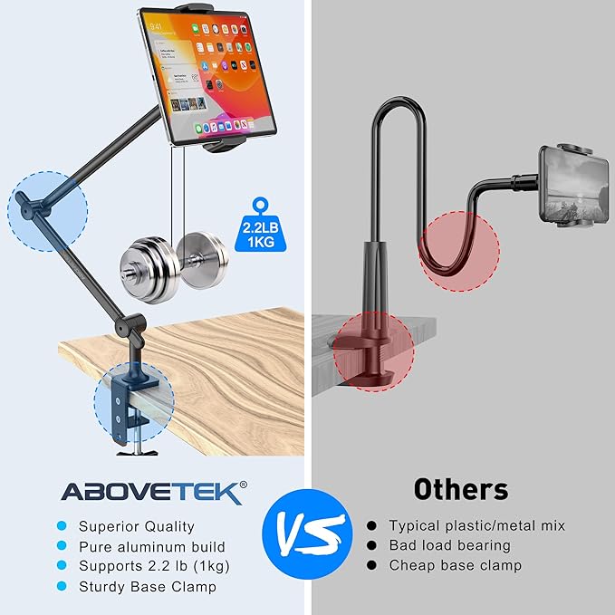 AboveTEK Tablet Stand Holder for Desk & Bed, Aluminum iPad Holder Arm - Image 7