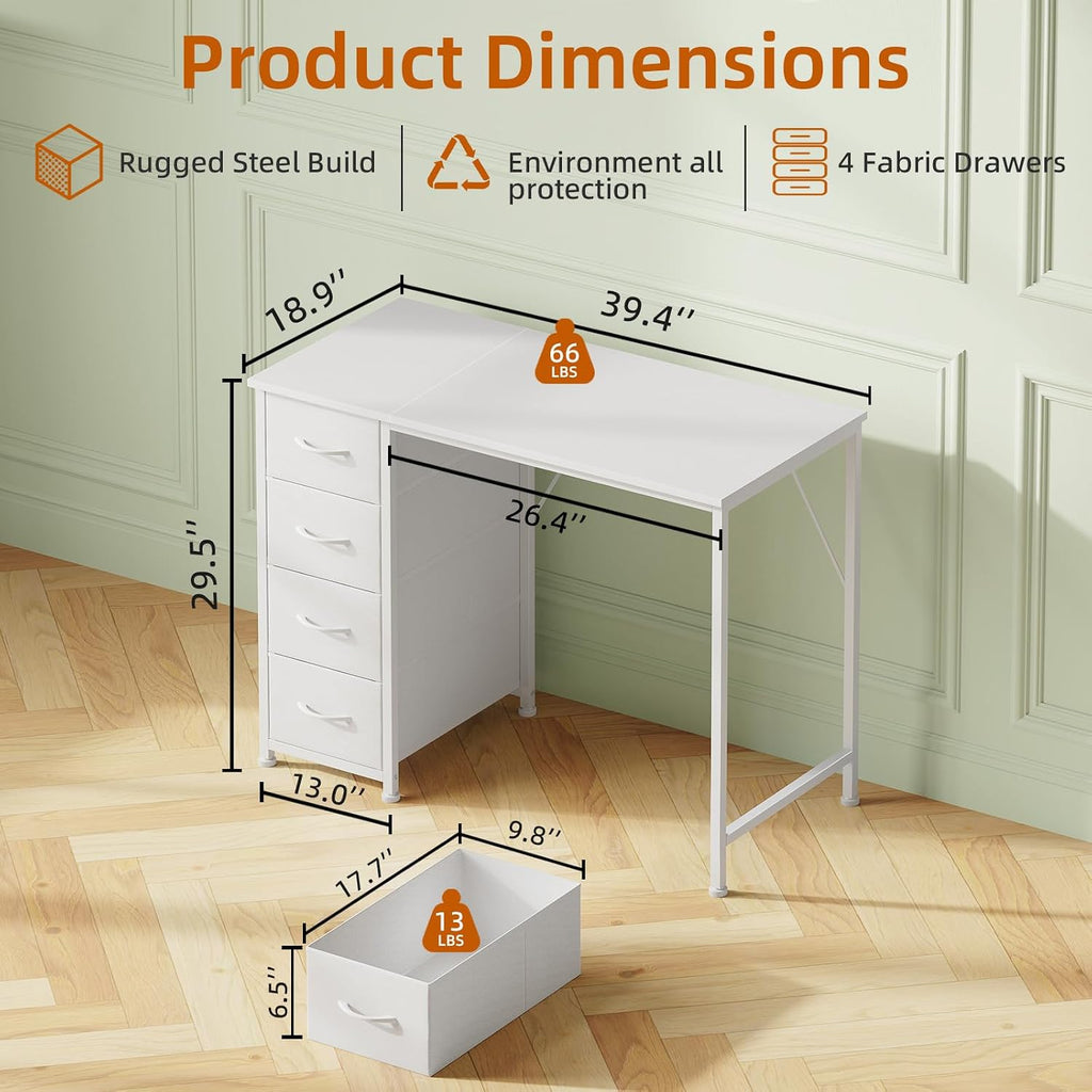 Somdot Small Computer Desk with 4 Drawers for Bedroom, Home Office Desk | 39 Inch Simple Writing Desk,Study Table with Storage Drawers for Home Office, Study, Living Room and Small Spaces, White