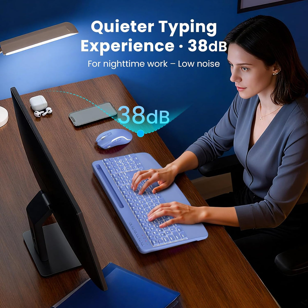 Purple Keyboard and Mouse Wireless Combo, 4000mAh Rechargeable Backlit Quiet ...
